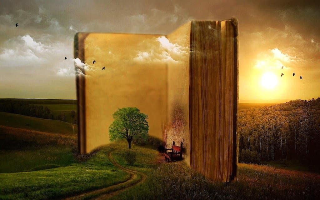 Grafika przedstawia surrealistyczną wizję książki stojącej na polo