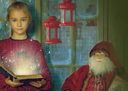 Grafika przedstawia dziewczynkę z książką i figurę św. Mikołaja