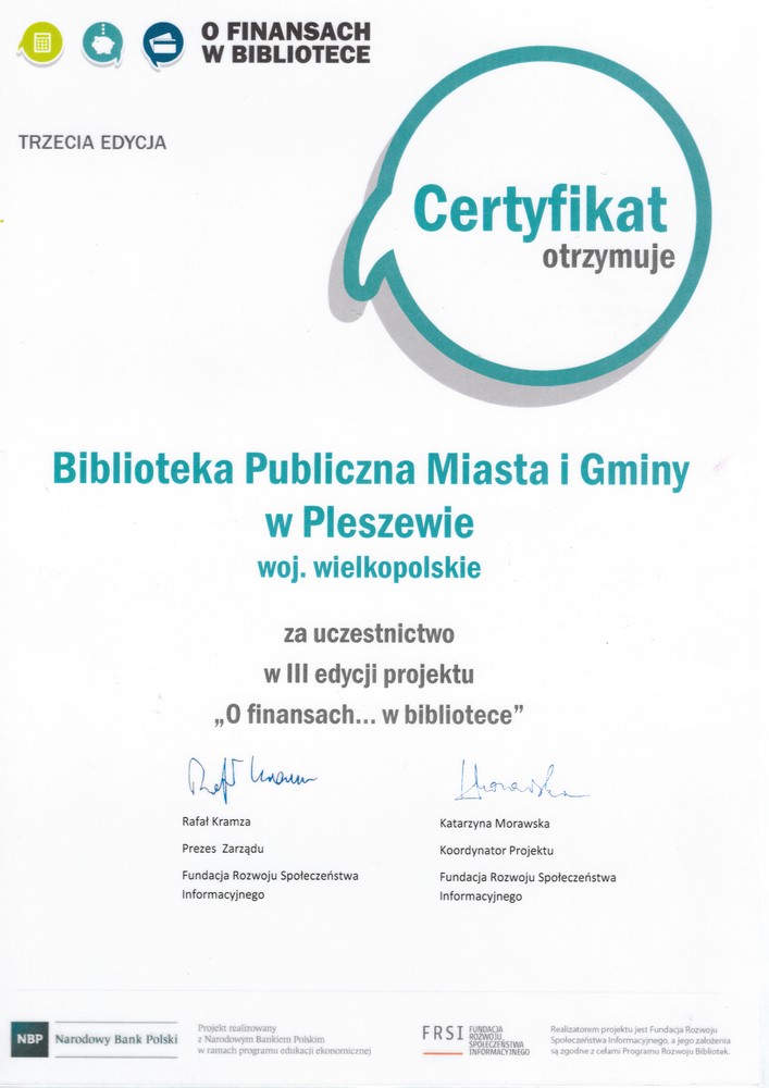 Certyfikat dla biblioteki za uczestnictwo w III edycji projektu "O finansach... w bibliotece"