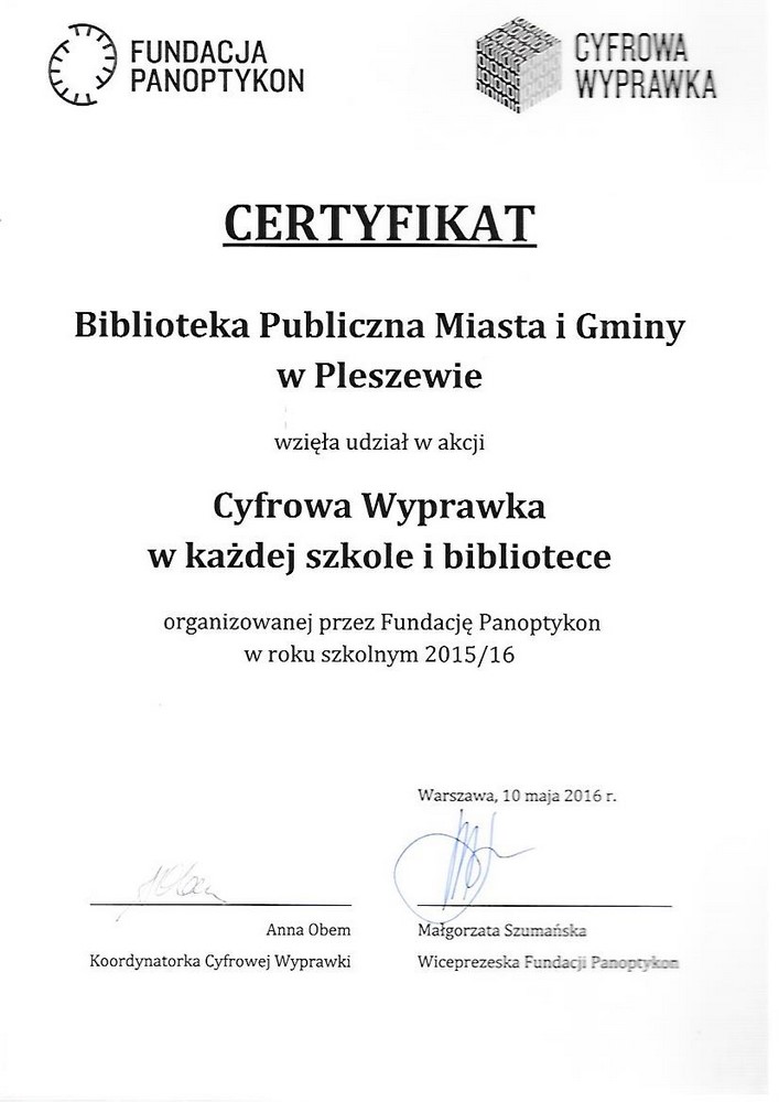 Certyfikat dla biblioteki za udział w akcji :Cyfrowa wyprawka w każdej szkole i bibliotece"