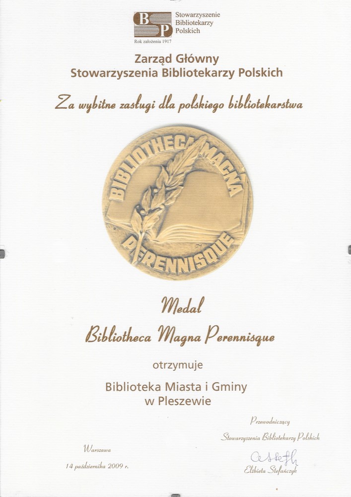 Medal Bibliotheca Magna Perennisque dla BPMiG w Pleszewie