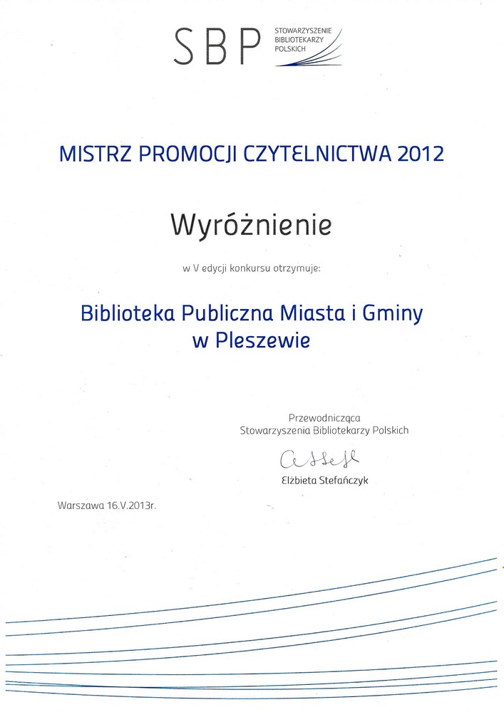 Wyróżnienie dla biblioteki w V edycji konkursu "Mistrz promocji czytelnictwa 2012"