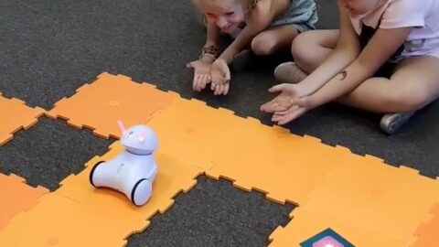 Na zdjęciu dzieci podczas zajęć programowania robotów