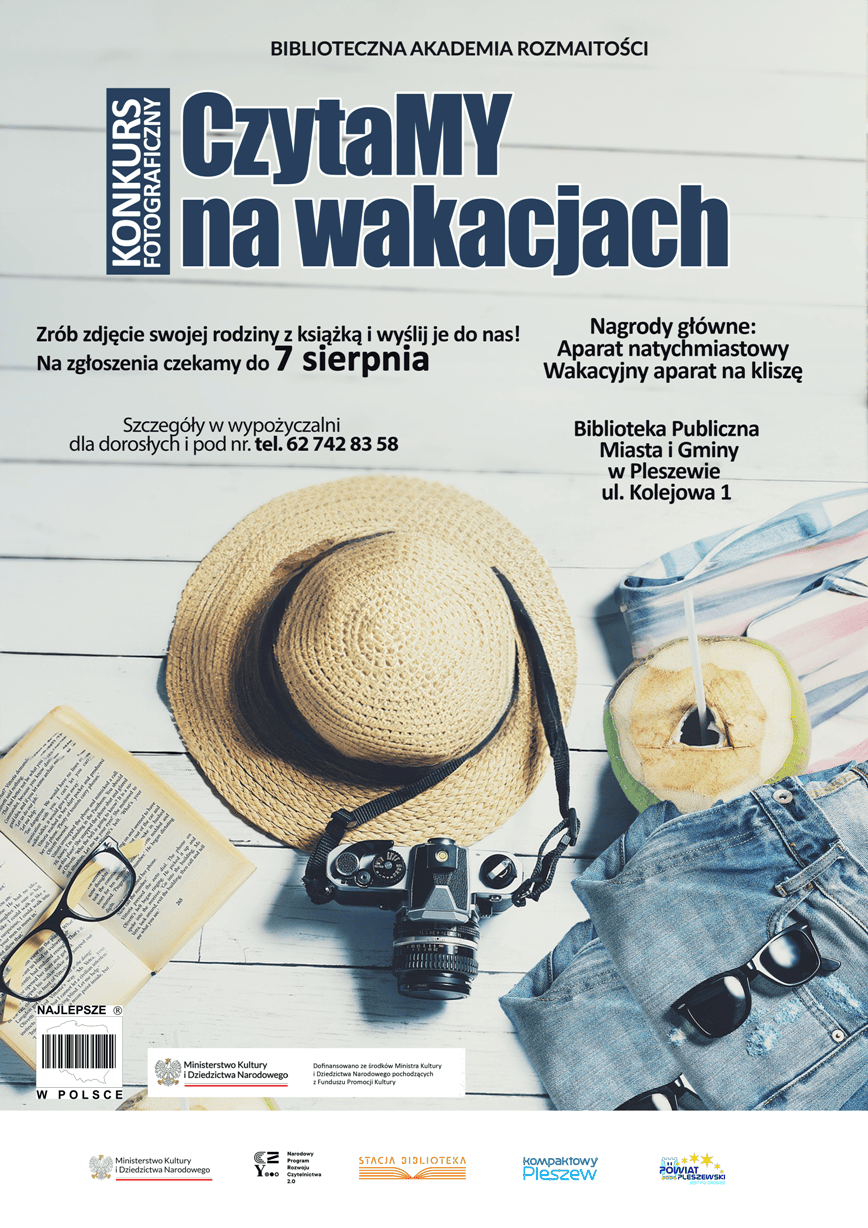 Plakat z informacjami o konkursie fotograficznym "Czytamy na wakacjach"