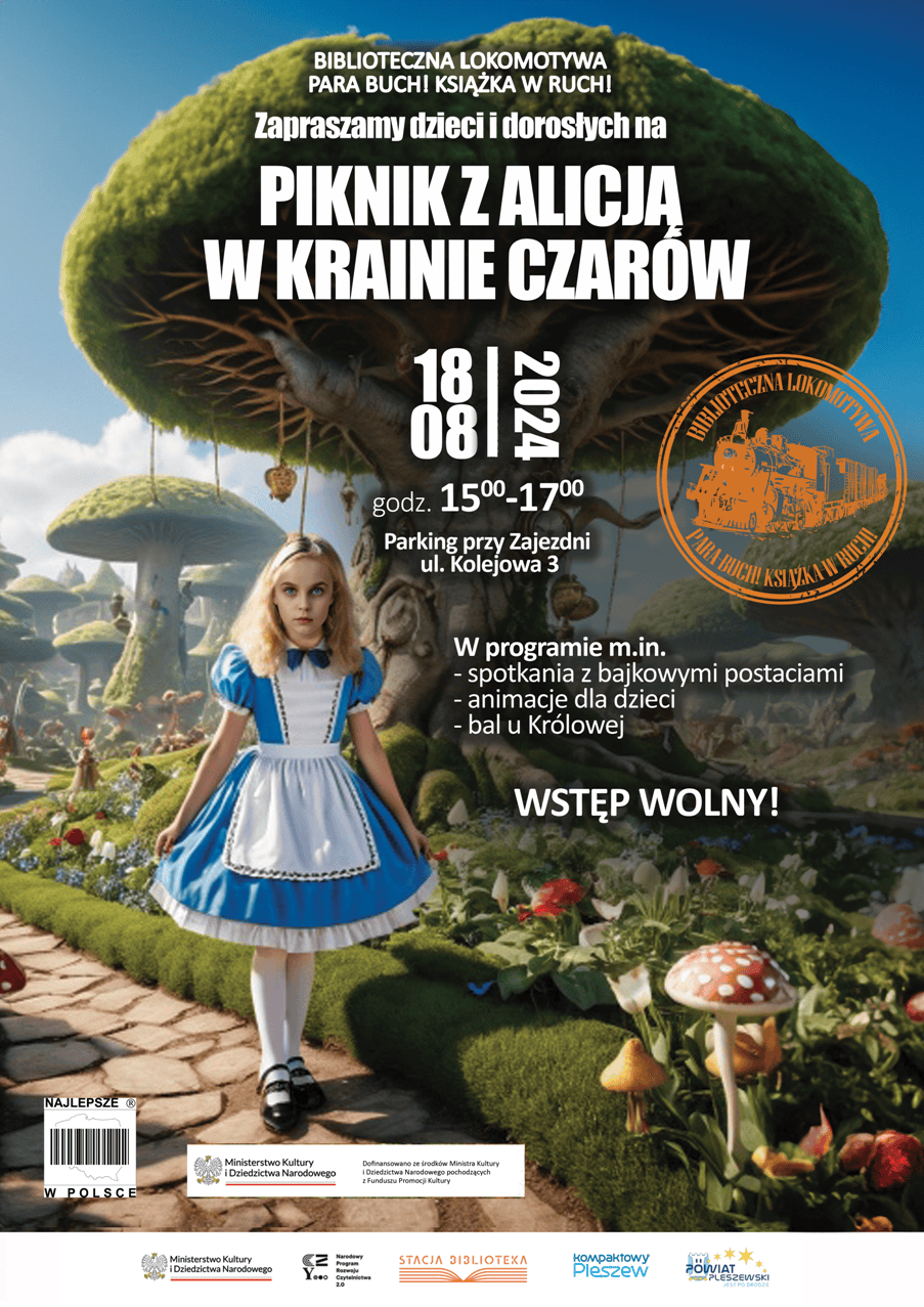 Plakat z informacjami o wydarzeniu plenerowym "Alicja w Krainie Czarów