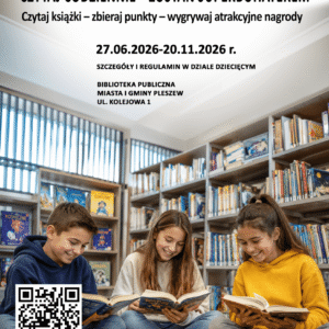 Na plakacie informacje: Konkurs czytelniczy dl dzieci &+; Czytaj codziennie - zostań superbohaterem; czytaj książki - zbieraj punkty - wygrywaj atrakcyjne nagrody. 27.06.2026-20.11.2026 . szczegóły i regulamin w dziale dziecięcym; Biblioteka Publiczna Miasta i Gminy Pleszew , ul. Kolejowa 1